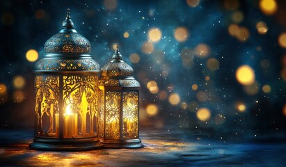 Obraz premium Eid Mubarak and Ramadan Kareem greetings with Islamic lantern, Holy Quran, and gold stars vector design. a special evening for all people in the world. 
