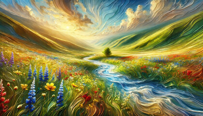 希望に満ちた春の小川と草花のハーモニー。
癒しと安らぎを届ける春の風景。
解放感を表現した空と大地。
色彩が織りなす幸福のパノラマ。
喜びと希望を描いた色鮮やかな風景。
Generated by AI.
