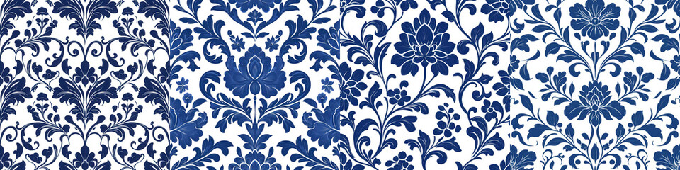 Fototapeta premium Elegant blue and white floral damask ornamental vintage background with intricate repeating patterns reminiscent of classic baroque style design and