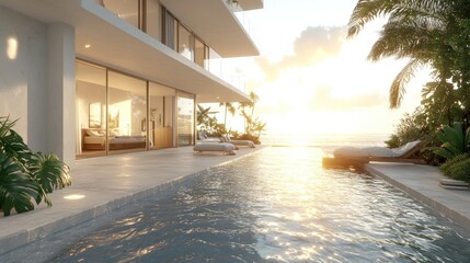 Fototapeta premium Luxury beachfront condo with infinity pool at sunset.