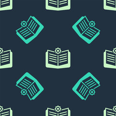 Green and beige Holy book of Koran icon isolated seamless pattern on blue background. Muslim holiday, Eid Mubarak, Eid al-fitr, Ramadan Kareem. Vector