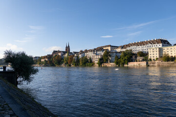 Basel City Skyline River View In Switzerland