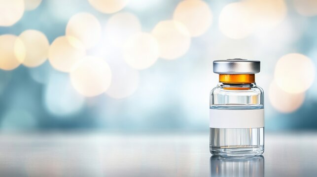 A close-up view of a clear glass vial containing liquid medicine, set against a soft bokeh background with warm golden and cool blue tones, highlighting pharmaceutical themes.