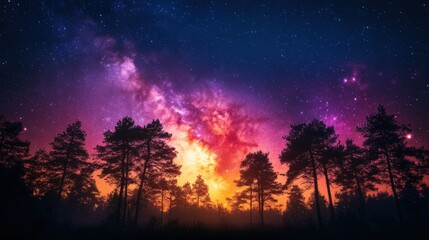 Fototapeta premium Majestic Milky Way Galaxy over Silhouetted Forest at Night