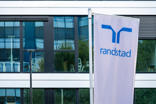 Randstad logo on office building, german global leader in HR services industry, recruiting agency for personnel selection, Job in Frankfurt, Germany - September 1, 2024