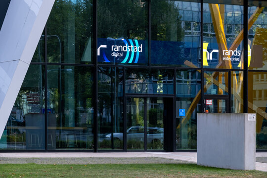 Randstad logo on office building, german global leader in HR services industry, recruiting agency for personnel selection, Job in Frankfurt, Germany - September 1, 2024