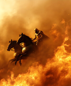 A Persian charioteer guiding his horses through an inferno, their golden armor glinting in the firelight.
