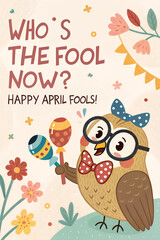 Naklejka premium Cheerful owl celebrating April Fools' Day with maracas