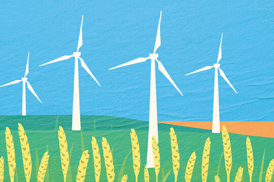 Renewable energy farm with wind turbines and crops