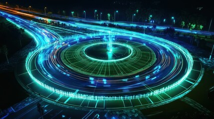 Futuristic roundabout with light trails and digital grid effect at night landscape view