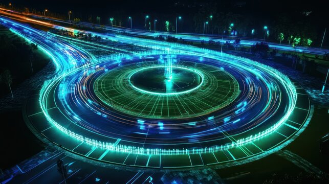 Futuristic roundabout with light trails and digital grid effect at night landscape view
