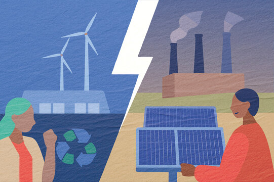 Eco-friendly energy sources contrast modern pollution