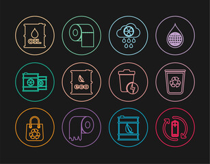 Set line Battery with recycle, Recycle bin, Acid rain and radioactive cloud, Bio fuel barrel, Radioactive waste, Oil, Lightning trash can and Toilet paper roll icon. Vector