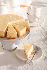 Tasty New york cheesecake as traditional cake made of cheese..