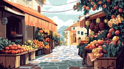 Vintage-style poster of a quaint village market with stalls, fruits, and vegetables, all in warm tones