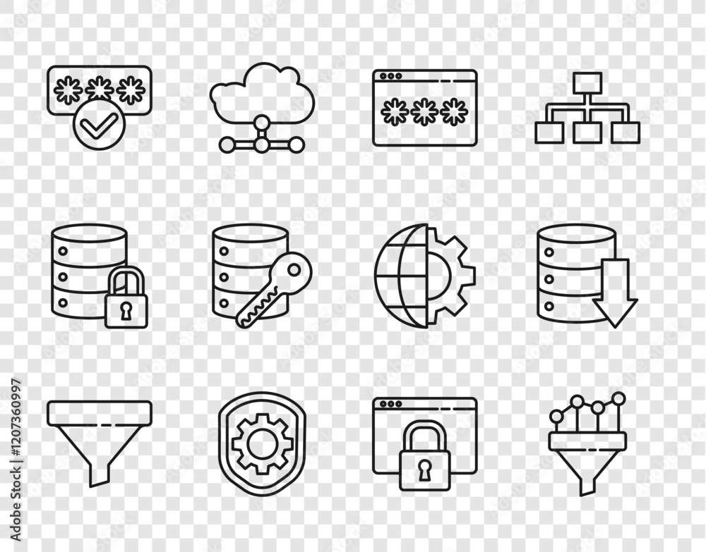 Poster set line sales funnel, with chart, password protection, shield settings gear, server security key, s