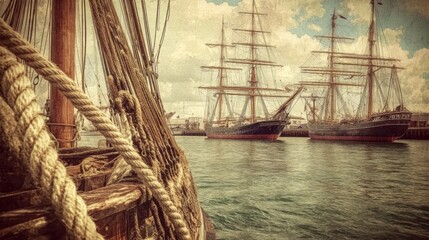 Obraz premium Vintage-style poster of a seaport with ships, ropes, and a coastal old-world feel,