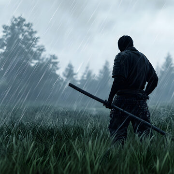 A Japanese ashigaru foot soldier standing in a rainy field, his yari spear poised for an attack.