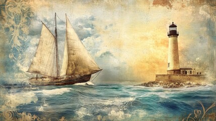 Naklejka premium Vintage-style poster of a sailing trip with an old sailboat, lighthouse, and ocean waves