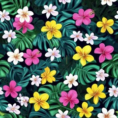 Obraz premium Vibrant Tropical Flowers and Lush Green Leaves Pattern