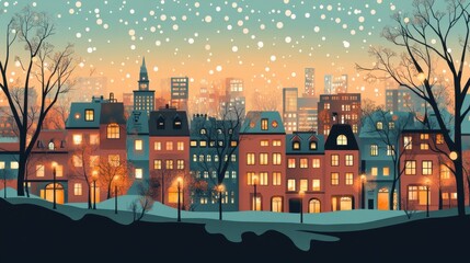 Vintage style poster of a romantic cityscape at dusk with twinkling lights and retro tones.