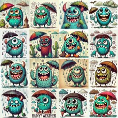 Cartoon monsters in rainy weather. AI generated illustration