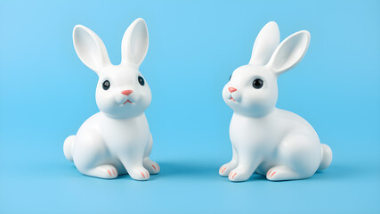 3d illustration of two cute white ceramic rabbit decorations. Animal characters isolated on blue background. Generative AI