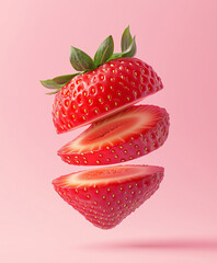 strawberry sliced into even layers with on pastel