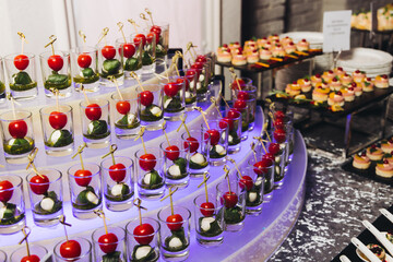 Catering table, beautifully decorated banquet with variety different food snacks appetizers on christmas corporate birthday party event or wedding celebration, canape, salad, delicatessen setting
