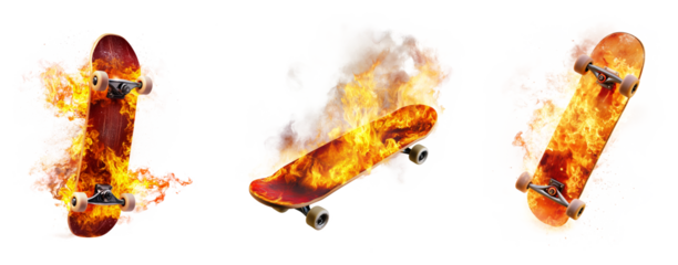 Three Skateboards on Fire with Flames and Smoke on Transparent Background
