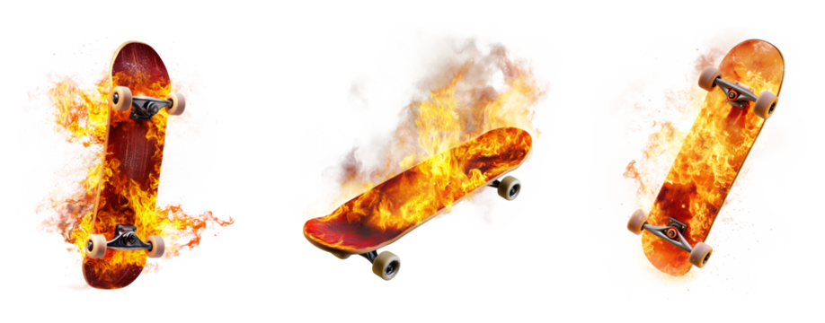 Three Skateboards on Fire with Flames and Smoke on Transparent Background - Powered by Adobe