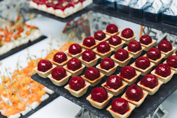 Catering table, beautifully decorated banquet with variety different food snacks appetizers on christmas corporate birthday party event or wedding celebration, canape, salad, delicatessen setting