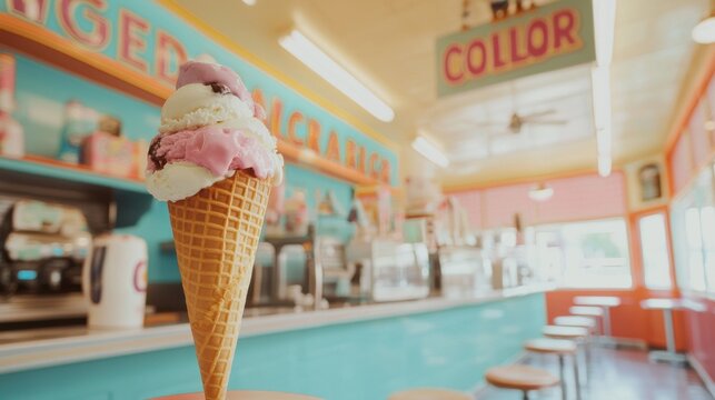 Vintage-style poster of a retro ice cream parlor with colorful cones, scoops, and playful typography.