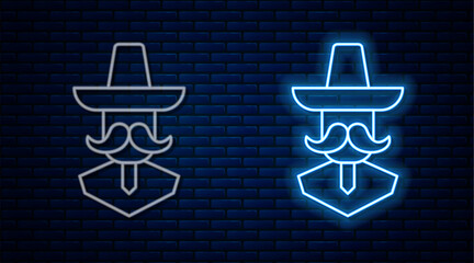 Glowing neon line Mexican man wearing sombrero icon isolated on brick wall background. Hispanic man with a mustache. Vector