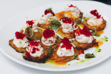 Catering table, beautifully decorated banquet with variety different food snacks appetizers on christmas corporate birthday party event or wedding celebration, canape, salad, delicatessen setting