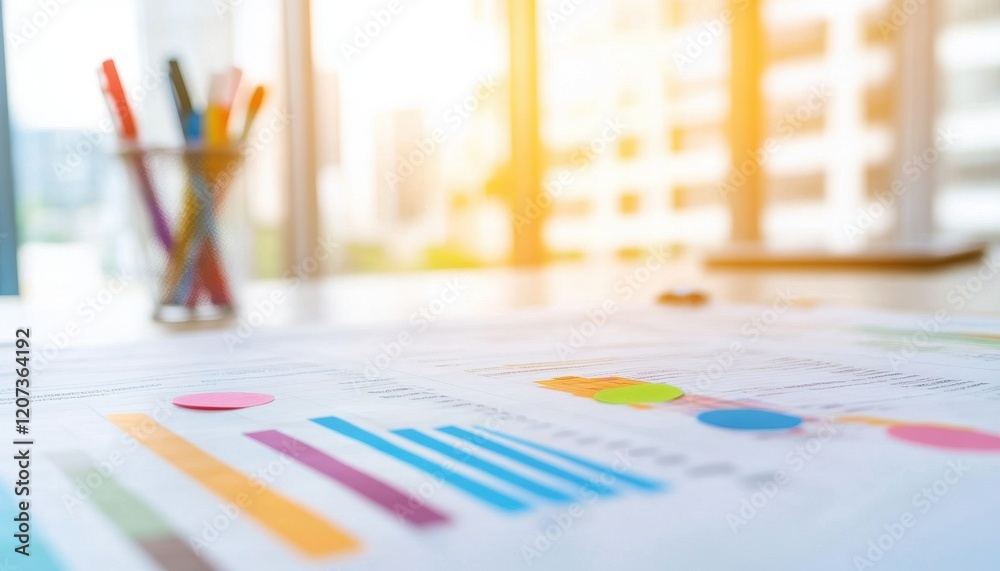 Poster Bright Office Workspace with Colorful Charts and Graphs on Desk