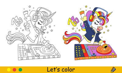 Cute music unicorn DJ coloring page vector illustration © alinart