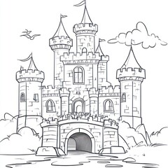 Obraz premium Fairytale castle drawing, stone walls, towers, bridge, gate, clouds, birds.