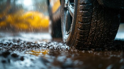 Muddy Tire in the Rain: A Close-Up View of a Car Wheel Trapped in Deep Mud After Heavy Rainfall.