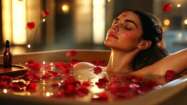 A peaceful woman soaking in a modern bathtub filled with rose petals, her face illuminated by soft, golden candlelight. Aromatherapy oils rest on a nearby tray.
