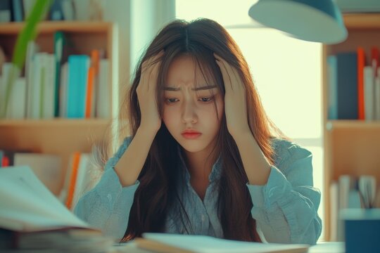 Stressed and tired young Asian businesswoman feels headache while working overtime at bright office