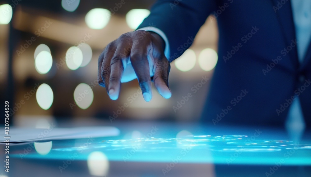 Poster close-up of a man's hand interacting with a futuristic digital interface