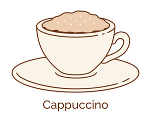 Vector minimalistic line art color illustration of Cappuccino Coffee cup