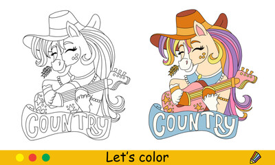 Kids coloring with color template unicorn plays the guitar