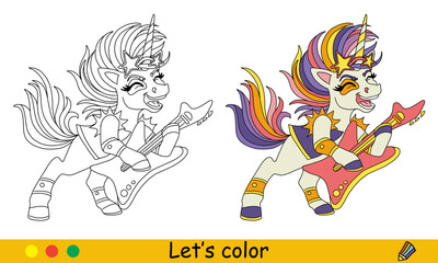 Cute unicorn plays the guitar coloring page vector illustration