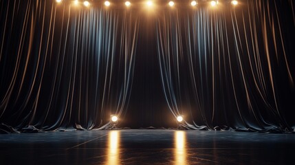Theater or cinema stage with floor, black luxury closed curtain and spotlights. Realistic vector illustration of opera show or movie ceremony waved drapery on scene with light for presentation.