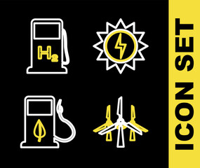 Set line Solar energy panel, Wind turbines, Bio fuel with fueling nozzle and Hydrogen filling station icon. Vector