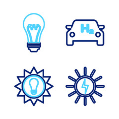 Set line Solar energy panel, Hydrogen car and Light bulb icon. Vector