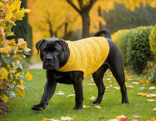 A black dog that is wearing a bright yellow sweater is standing on the grass