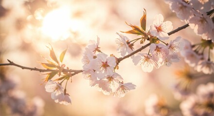 Obraz premium Delicate Cherry Blossoms in Golden Sunrise, Symbolizing Hope and New Beginnings